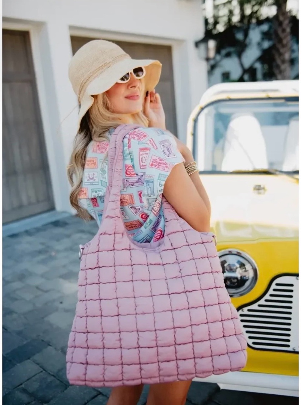 Stylish Quilted Tote Bag in Light Pink
